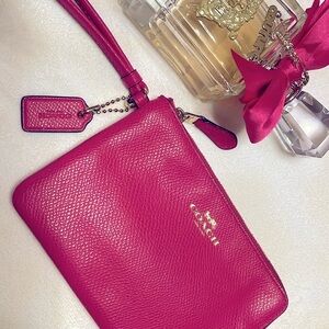 Coach Corner Zip Wristlet in Brass/Deep Pink Pebble Leather